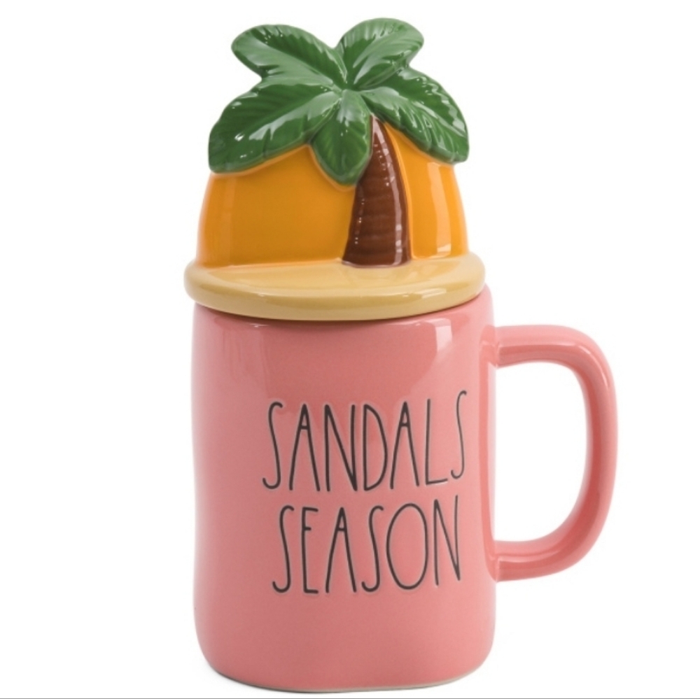 🌴 RAE DUNN “SANDAL SEASON” PINK MUG WITH PALM TREE SUNSET TOPPER